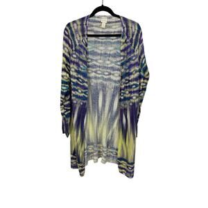 Chico's Linen Blend Ikat Long Duster Cardigan Green Purple Sweater Size 3 XL